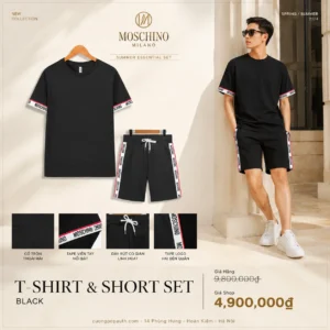 BỘ ÁO PHÔNG MOSCHINO ĐEN QUẦN SHORT MOSCHINO ĐEN VIỀN CHỮ MOS8780